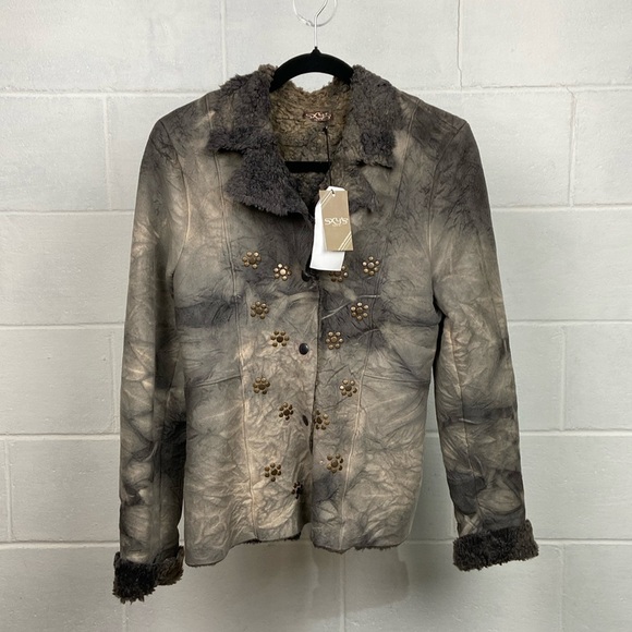 NWT SXY'S Paris Faux Leather Faux Fur‎ Women's Jacket Size 2 Grey Rocker Hippie - Picture 1 of 13